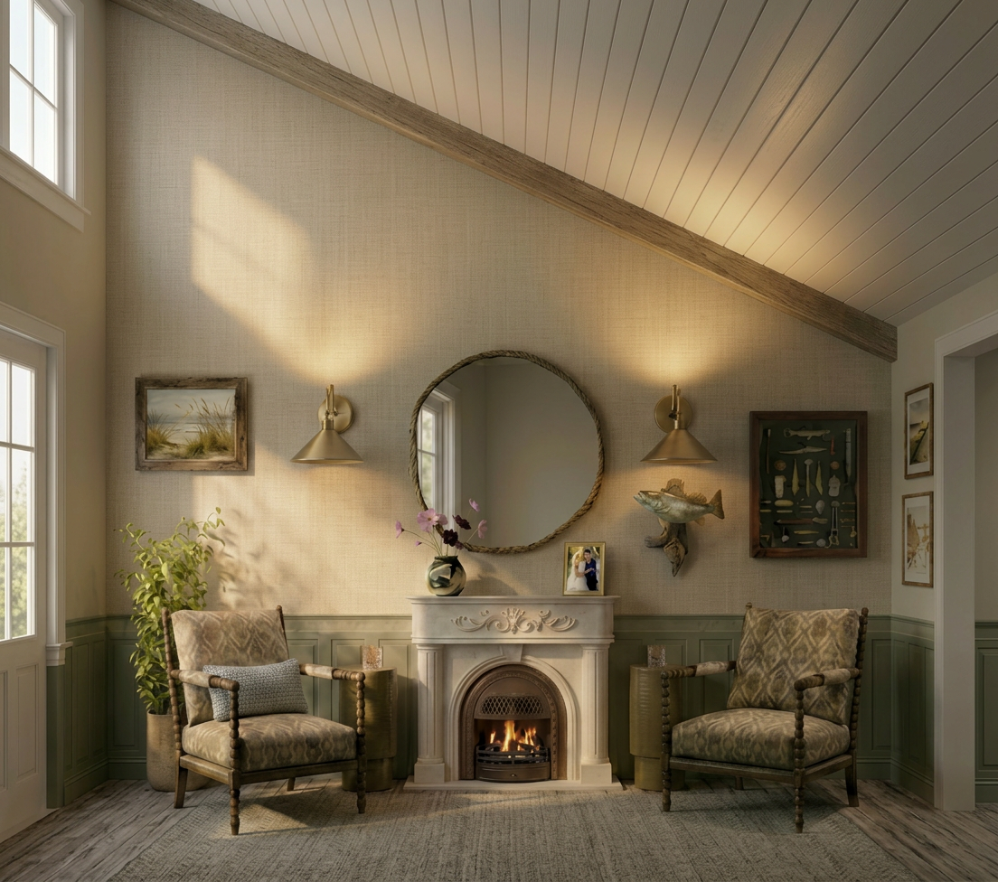 Coastal living room with arched fireplace and layered natural materials