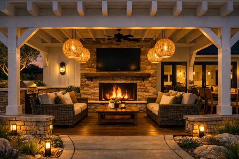 Hillside guest house exterior at dusk with a covered outdoor living area