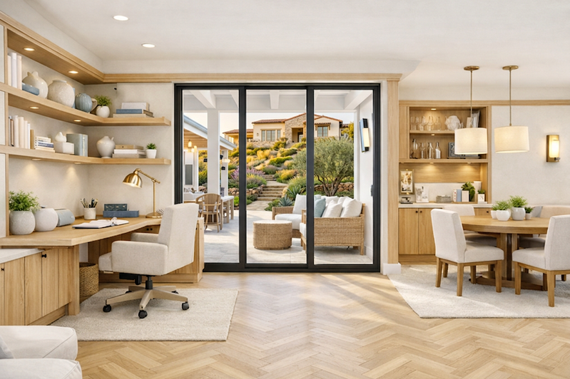 Bright guest residence with built-in storage and garden connection